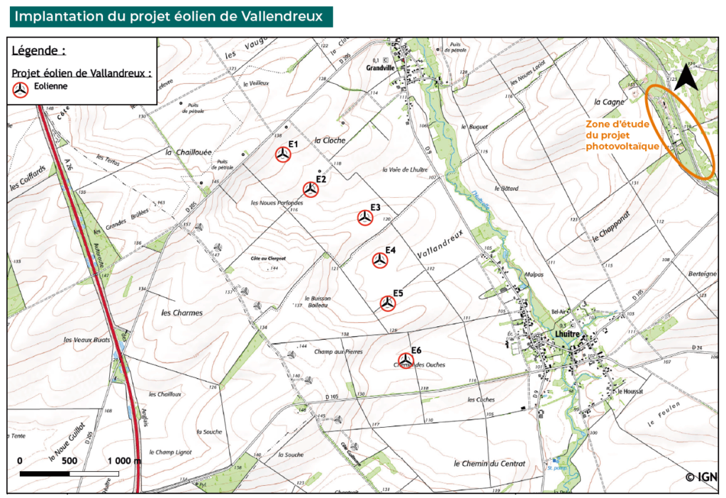 Implantation du projet éolien de Vallandreux et zone d'étude du projet photovoltaïque de Camp de Mailly