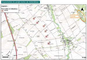 Implantation du projet éolien de Vallandreux et zone d'étude du projet photovoltaïque de Camp de Mailly